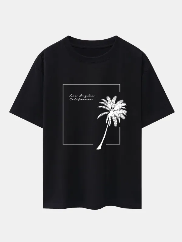 Los Angeles Palm Trees Print Drop Shoulder Oversize T-Shirt sold by Hoooyi