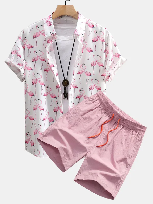 Flamingo Print Button Up Shirt & Swim Shorts sold by Hoooyi