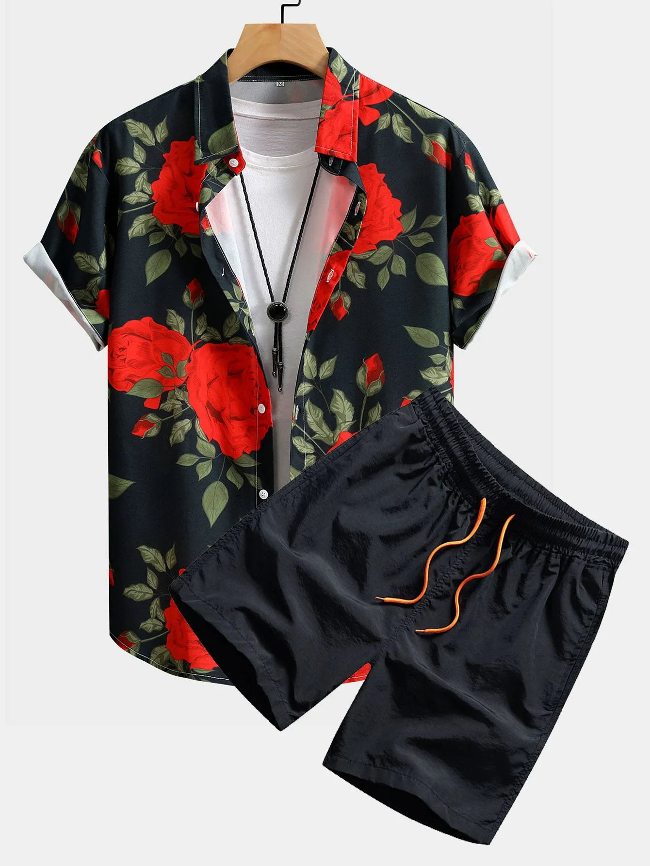Red Rose Print Button Up Shirt & Swim Shorts sold by Hoooyi