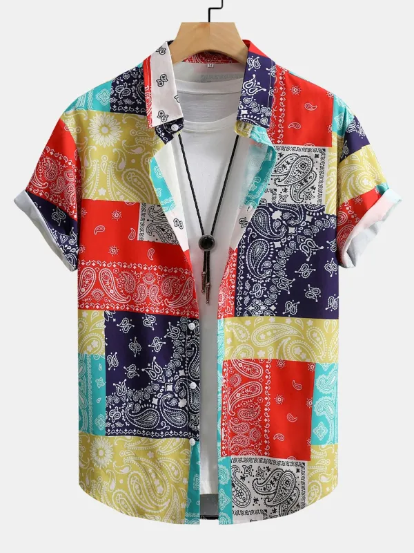 Color Block Paisley Print Button Up Shirt sold by Hoooyi