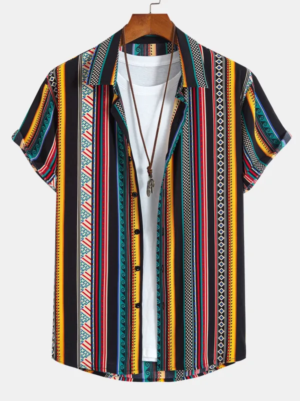 Ethnic Geometric Print Button Up Shirt sold by Hoooyi