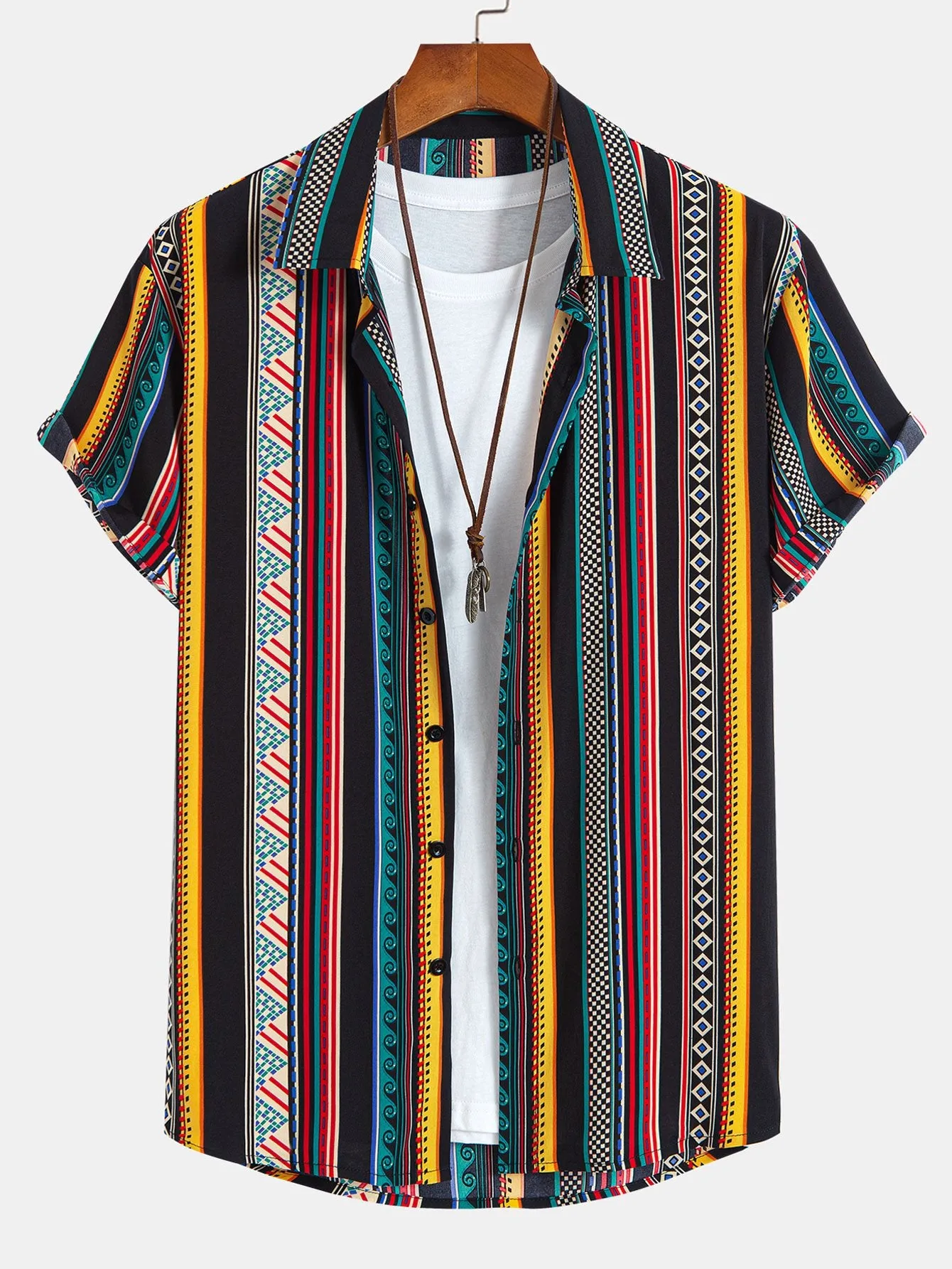 Ethnic Geometric Print Button Up Shirt sold by Hoooyi