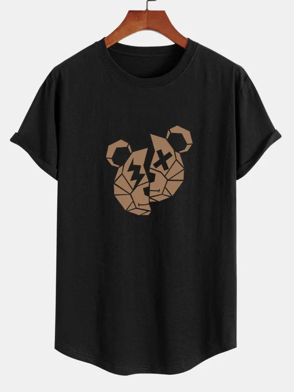 Geometric Bear Print Cotton Arc Hem T-Shirt sold by Hoooyi