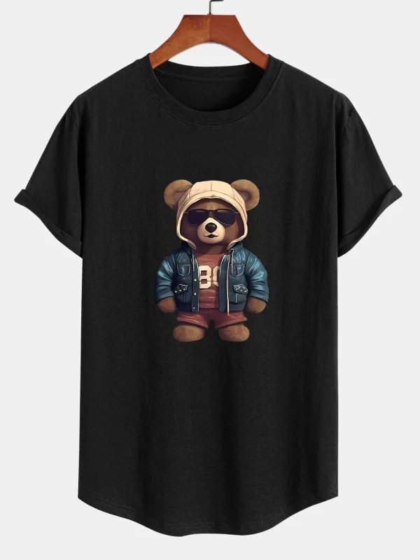 Bear In Leather Jacket Print Cotton Arc Hem T-Shirt sold by Hoooyi