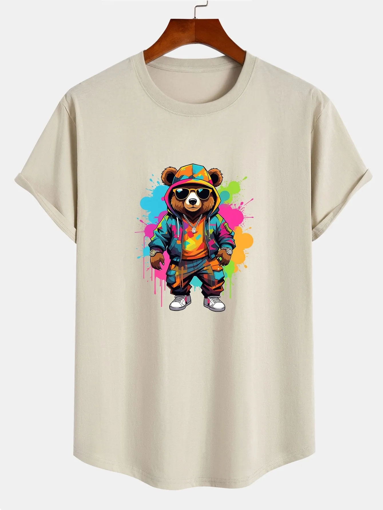 Graffiti Bear Print Cotton Arc Hem T-Shirt sold by Hoooyi product image thumbnail 5