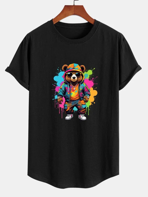 Graffiti Bear Print Cotton Arc Hem T-Shirt sold by Hoooyi