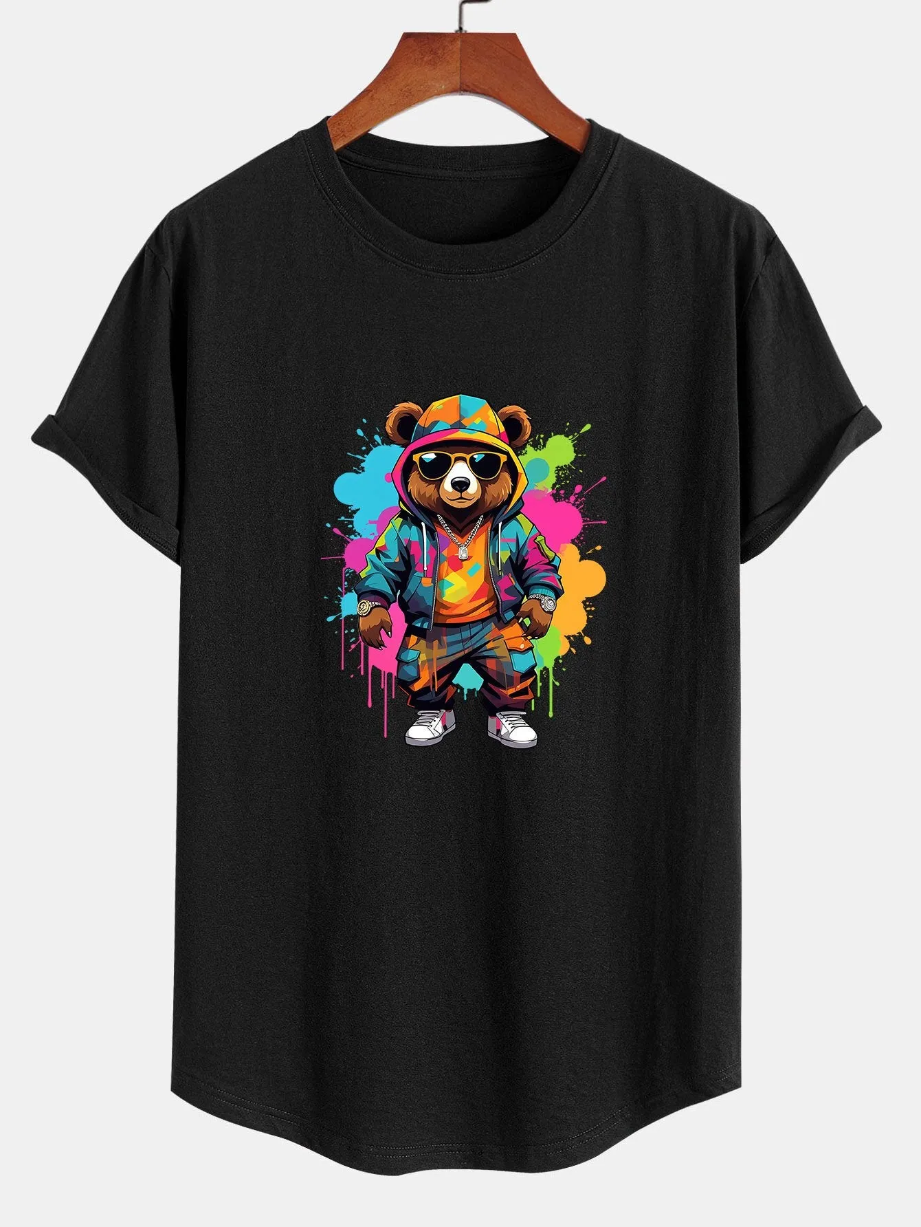 Graffiti Bear Print Cotton Arc Hem T-Shirt sold by Hoooyi