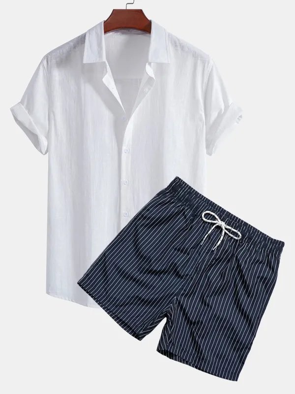 Linen Look Cotton Button Up Shirt & Striped Print Swim Shorts sold by Hoooyi
