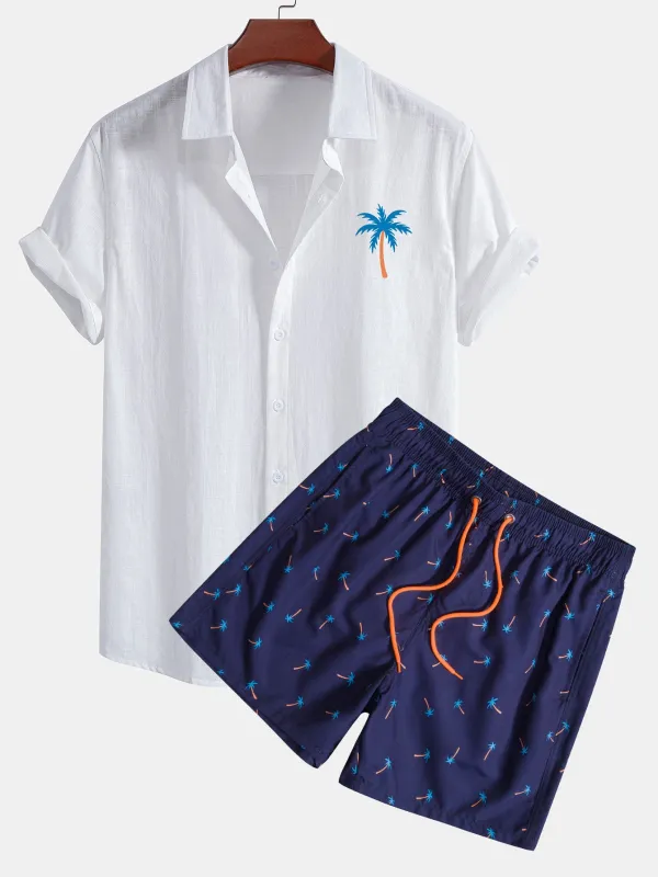 Blue Palm Tree Print Linen Look Cotton Button Up Shirt & Swim Shorts sold by Hoooyi