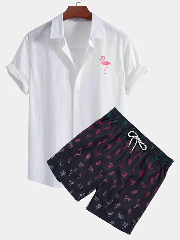 Flamingo Print Linen Look Cotton Button Up Shirt & Swim Shorts sold by Hoooyi