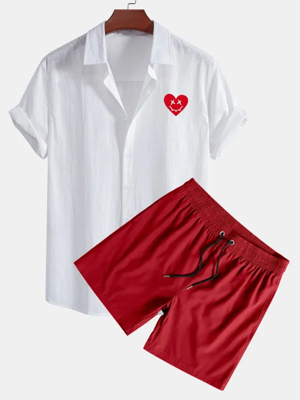Heart Smiley Face Print Linen Look Cotton Button Up Shirt & Swim Shorts made by Hoooyi
