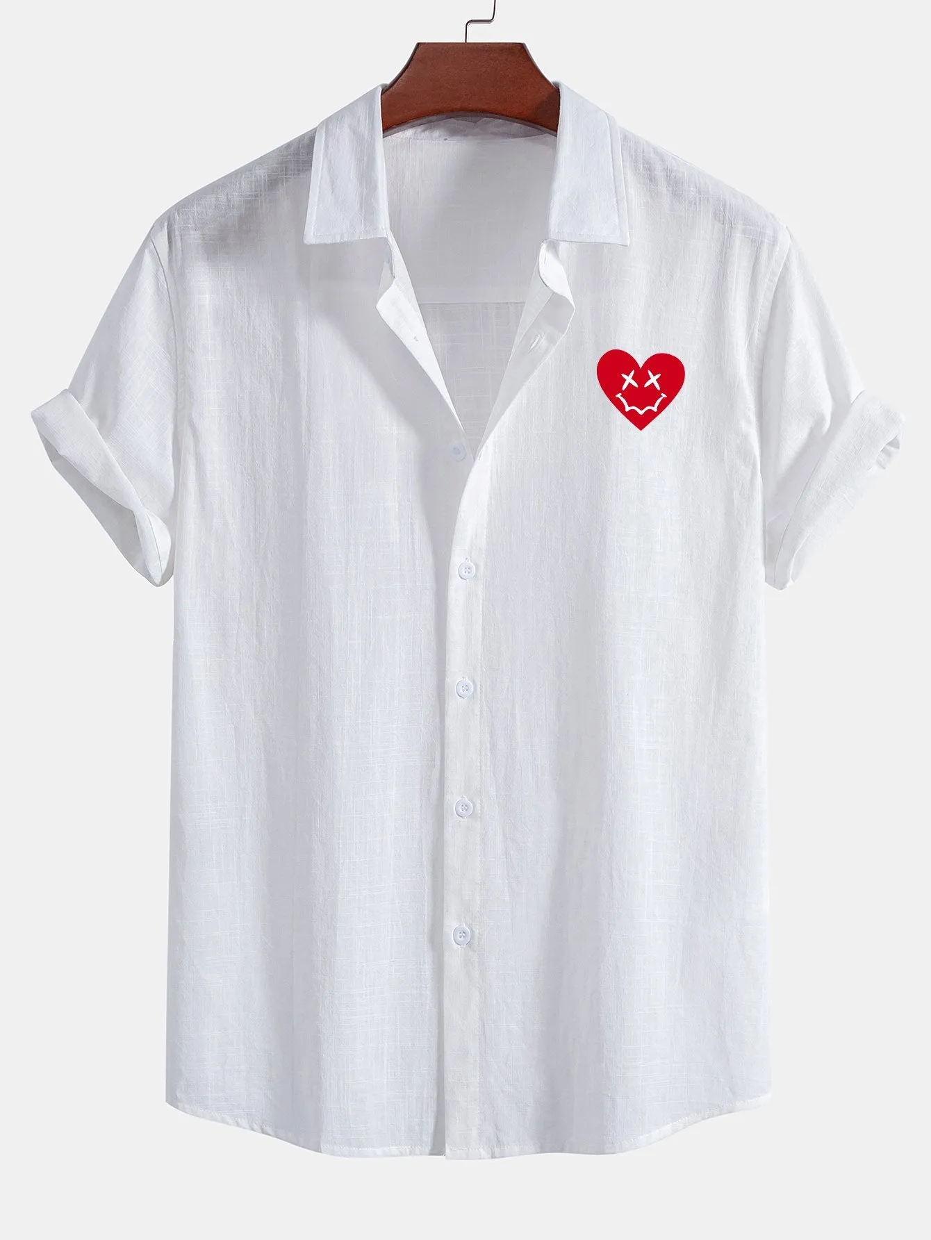Heart Smiley Face Print Linen Look Cotton Button Up Shirt & Swim Shorts sold by Hoooyi product image thumbnail 2