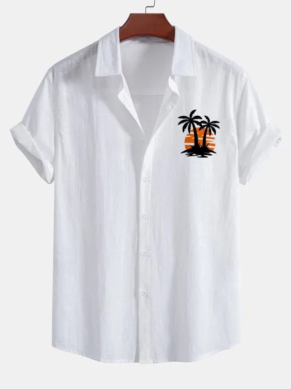 Sunset Palm Trees Print Linen Look Cotton Button Up Shirt sold by Hoooyi