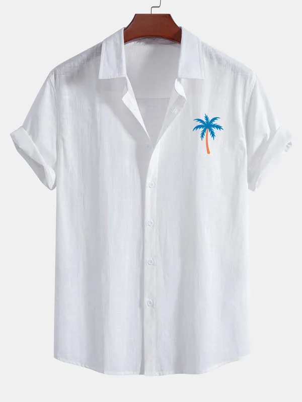 Blue Palm Tree Print Linen Look Cotton Button Up Shirt sold by Hoooyi