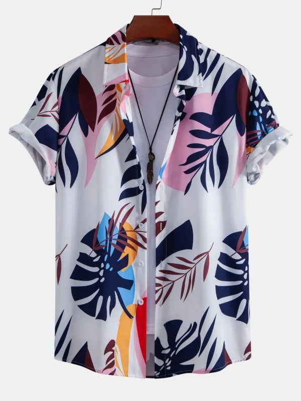 Leaf Color Block Print Button Up Shirt sold by Hoooyi