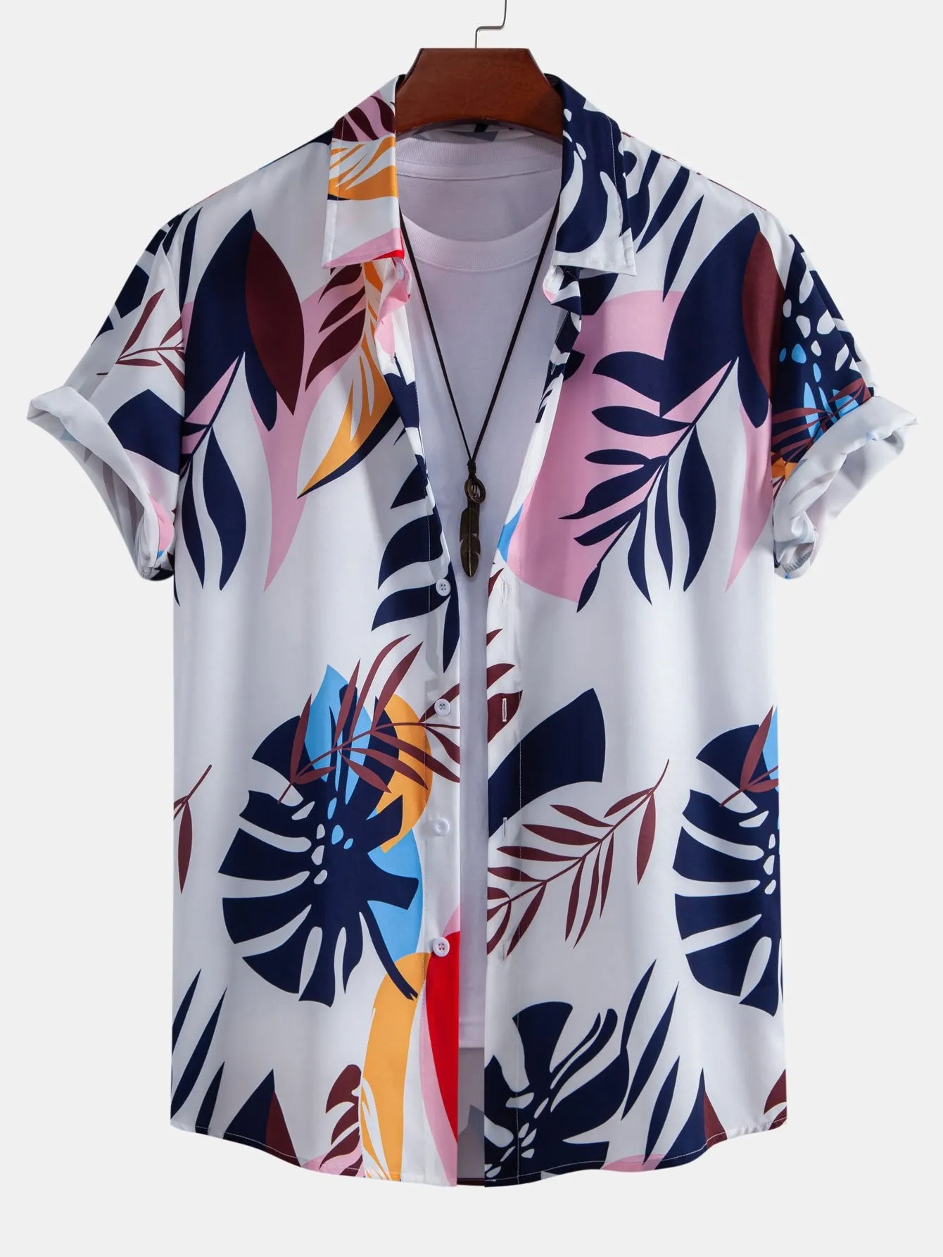 Leaf Color Block Print Button Up Shirt sold by Hoooyi