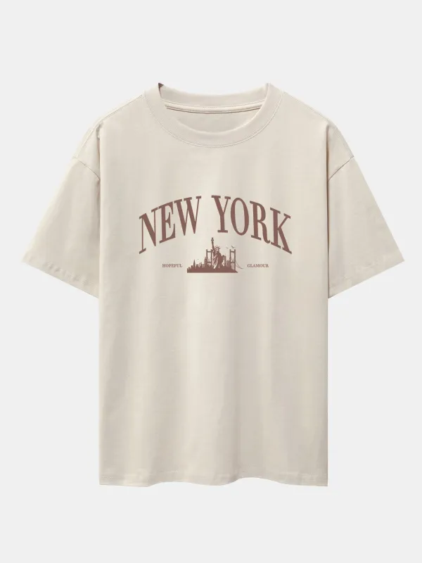 New York Slogan Print Drop Shoulder Oversize T-Shirt sold by Hoooyi
