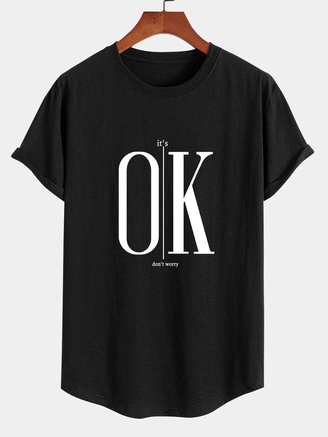 OK Slogan Print Cotton Arc Hem T-Shirt sold by Hoooyi