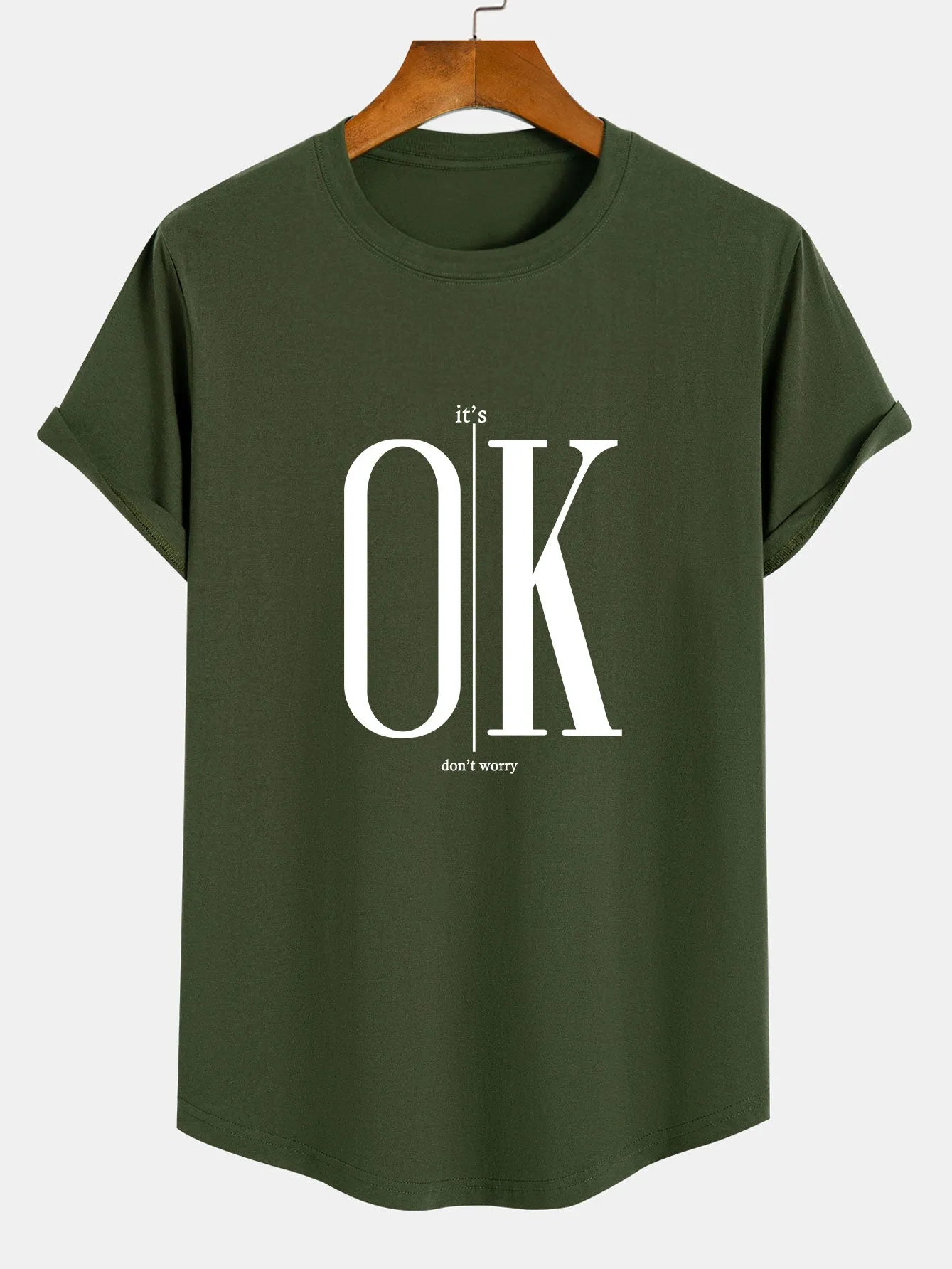 OK Slogan Print Cotton Arc Hem T-Shirt sold by Hoooyi product image thumbnail 5