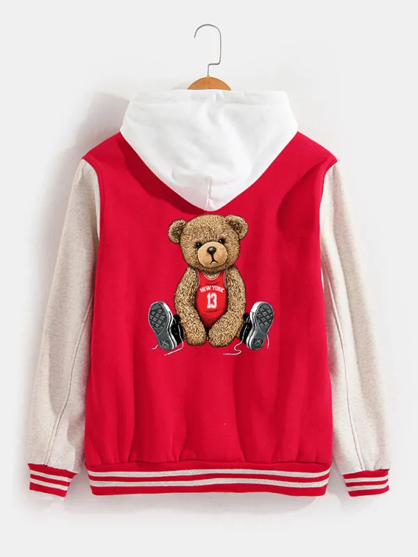 New York Bear Print Baseball Jacket sold by Hoooyi