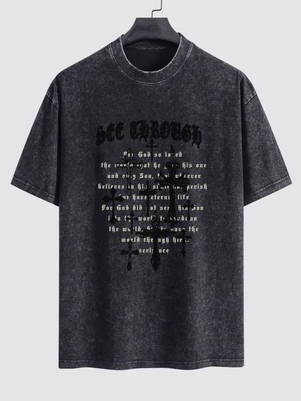 Cross Slogan Print Washed Distressed Drop Shoulder T-Shirt sold by Hoooyi