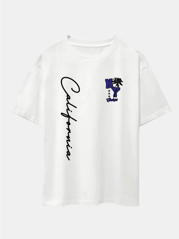 New York California Palm Tree Print Drop Shoulder Oversize T-Shirt sold by Hoooyi