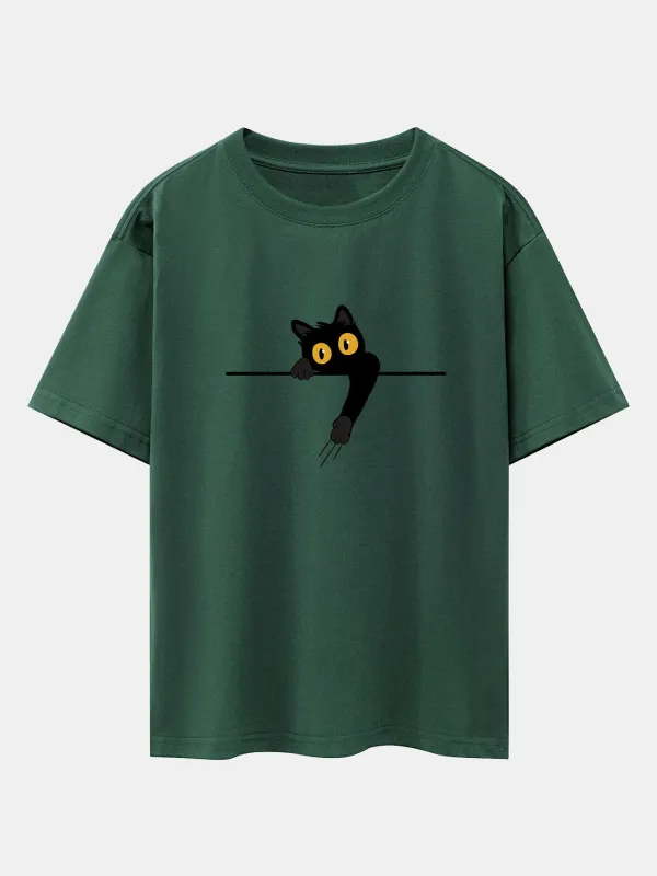 Black Cat Print Drop Shoulder Oversize T-Shirt sold by Hoooyi