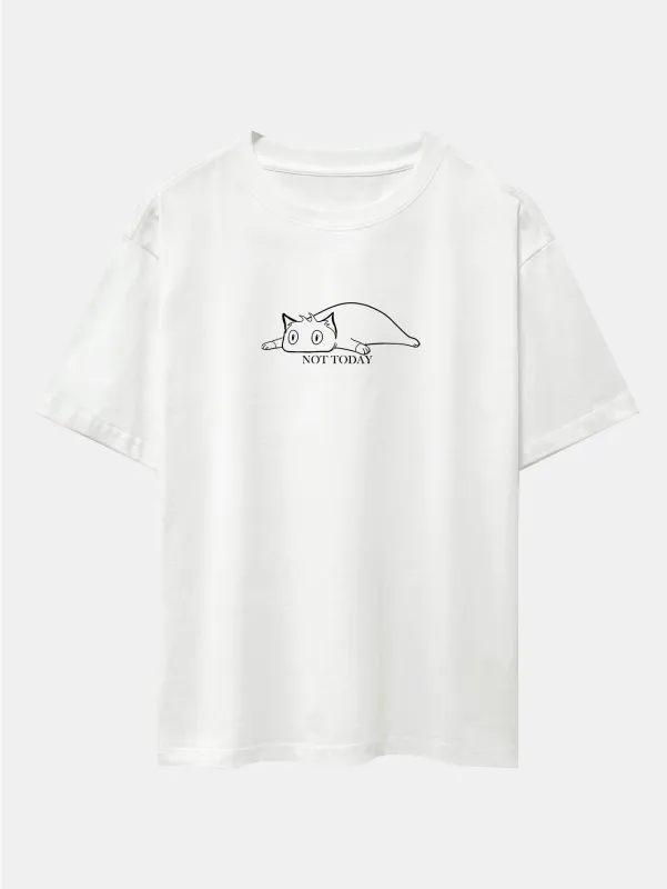 Not Today Lazy Cat Print Drop Shoulder Oversize T-Shirt sold by Hoooyi