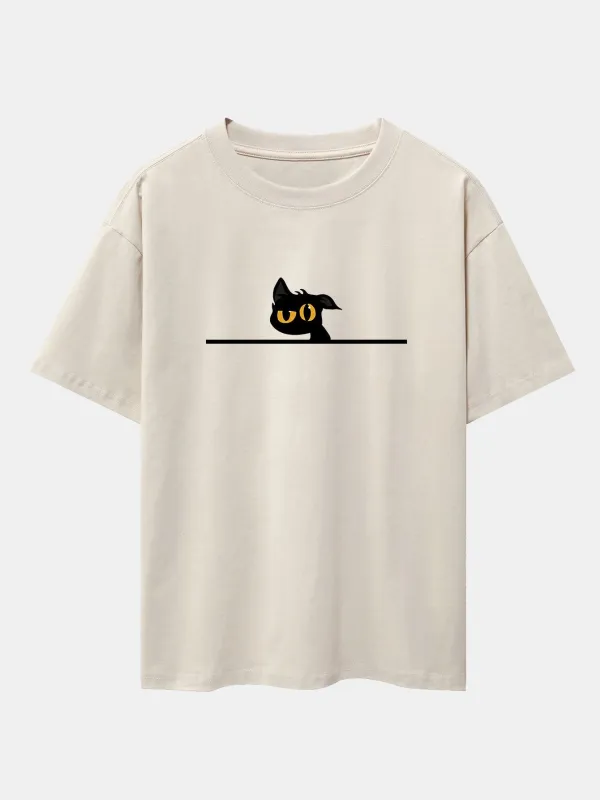 Black Cat In Doubt Print Drop Shoulder Oversize T-Shirt sold by Hoooyi