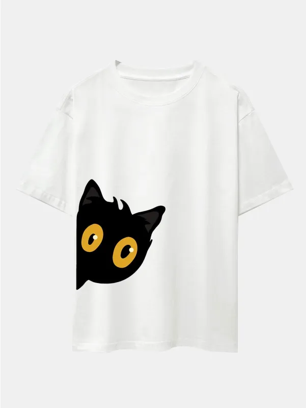 Black Cat Is Watching Print Drop Shoulder Oversize T-Shirt sold by Hoooyi
