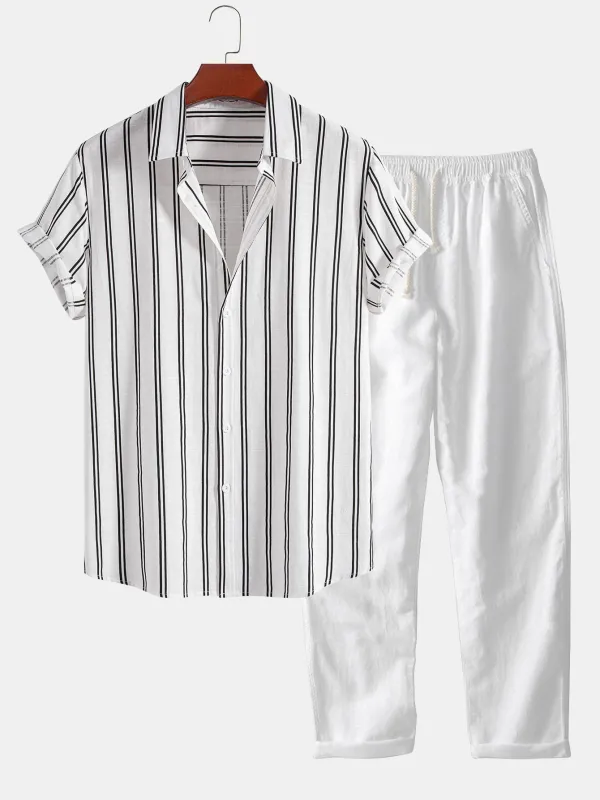 Linen Look Striped Button Up Shirt & Straight Leg Linen Pants sold by Hoooyi