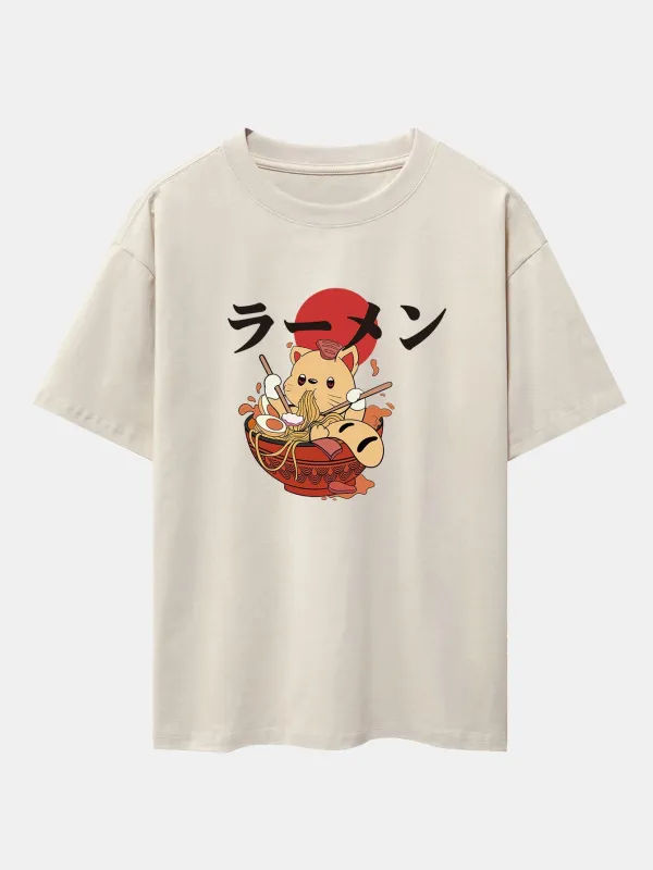 Ramen Cat Print Drop Shoulder Oversize T-Shirt sold by Hoooyi