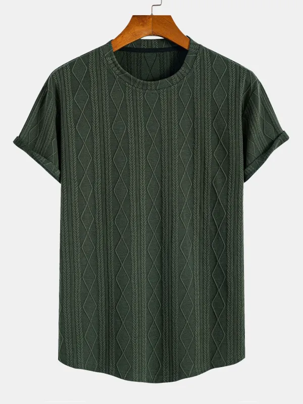 Muscle Fit Geometric Rhombus Jacquard Arc Hem T-Shirt sold by Hoooyi