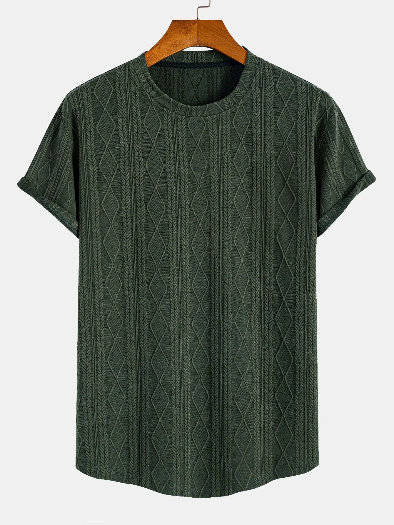 Muscle Fit Geometric Rhombus Jacquard Arc Hem T-Shirt sold by Hoooyi