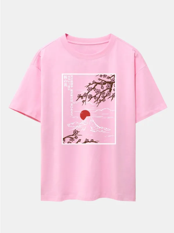 Cherry Blossoms Mountain Print Drop Shoulder Oversize T-Shirt sold by Hoooyi