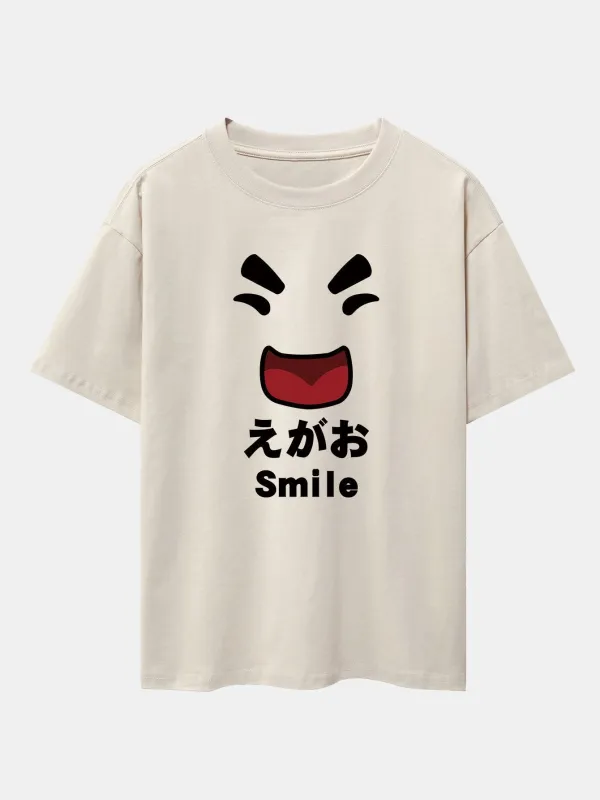 Smiley Face Print Drop Shoulder Oversize T-Shirt sold by Hoooyi