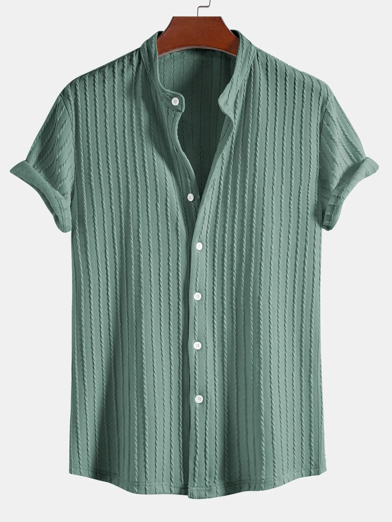 Muscle Fit Stand Collar Knitted Ribbed Shirt sold by Hoooyi