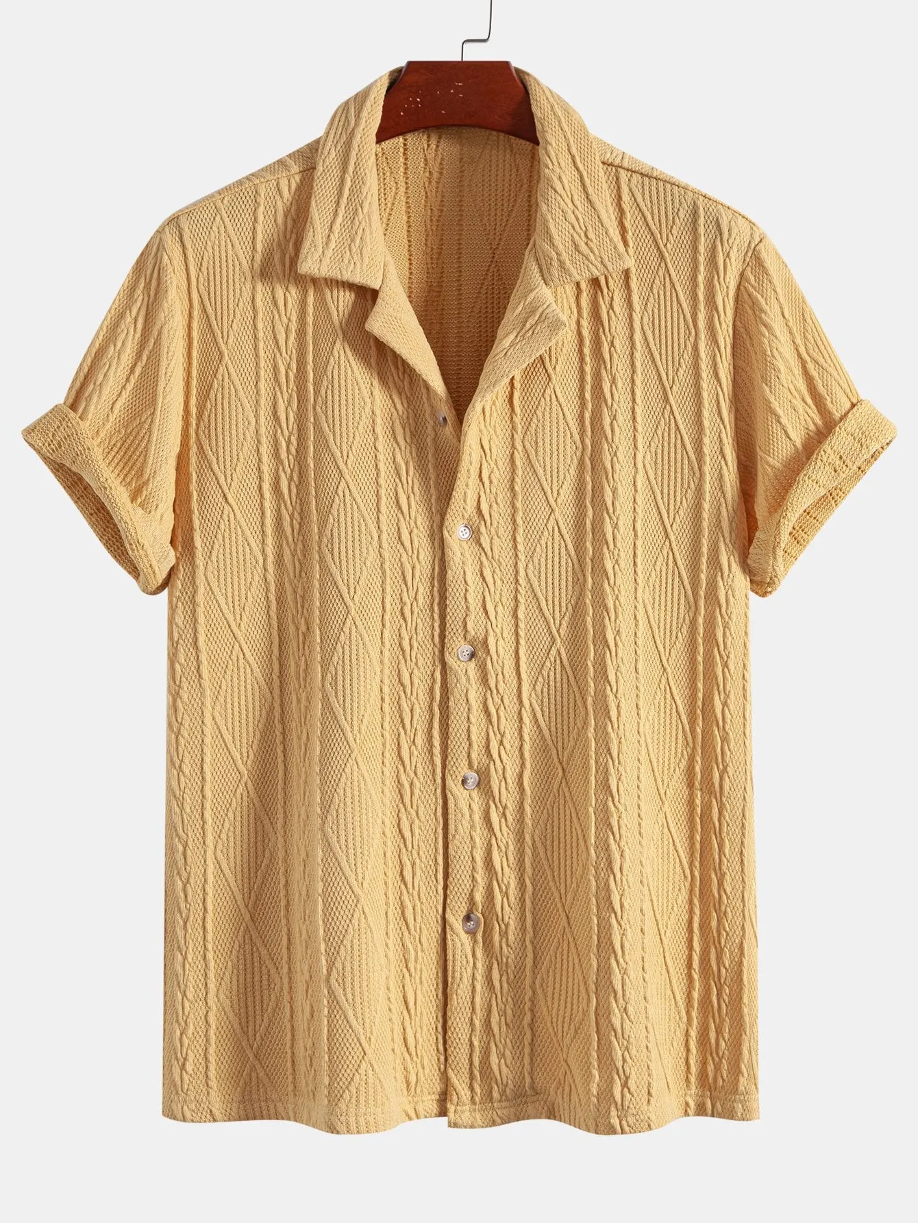 Knitted Geometric Textured Cuban Shirt sold by Hoooyi