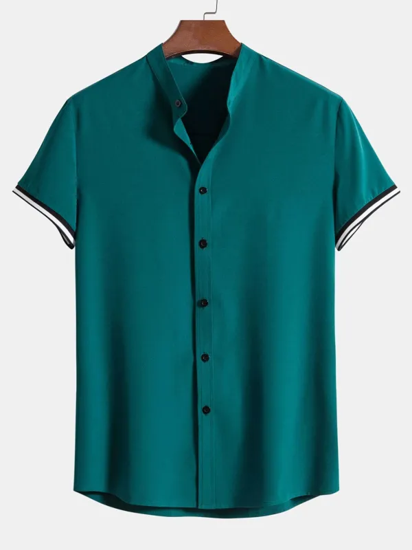 Muscle Fit Stripe Threaded Cuff Stand Collar Shirt sold by Hoooyi