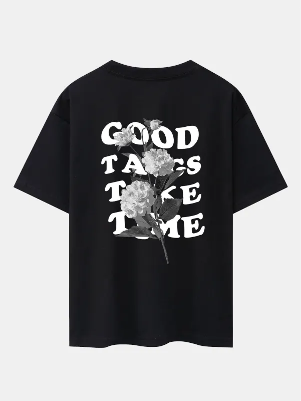 Flower Slogan Back Print Drop Shoulder Oversize T-Shirt sold by Hoooyi