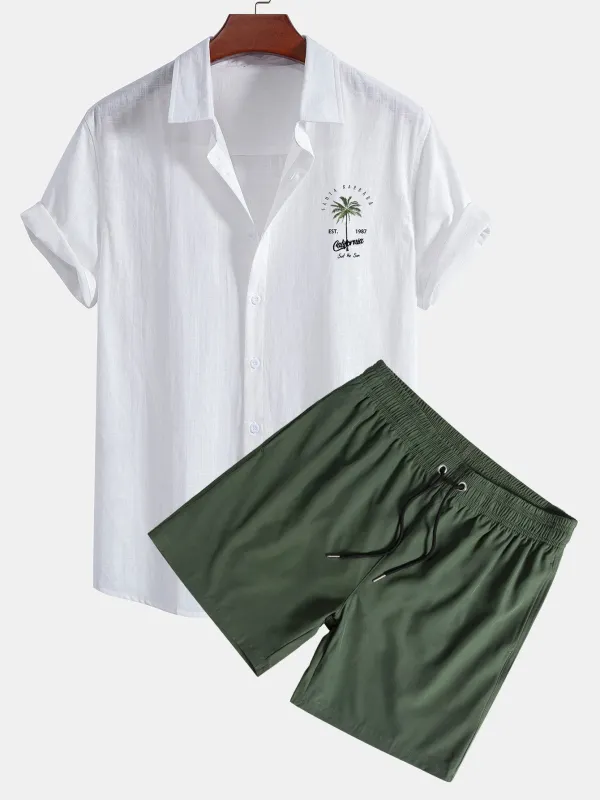 California Palm Tree Print Linen Look Cotton Button Up Shirt & Swim Shorts made by Hoooyi