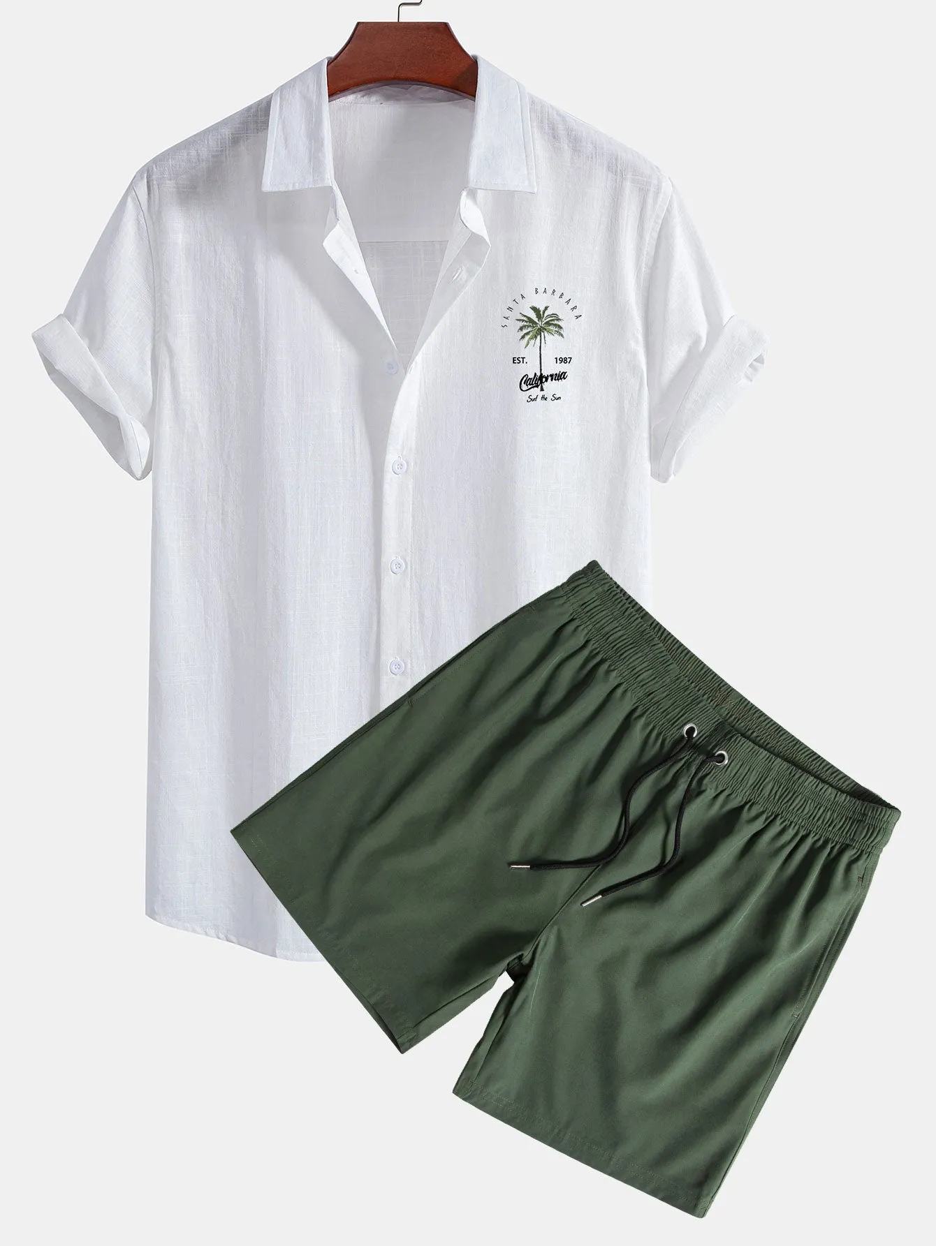 California Palm Tree Print Linen Look Cotton Button Up Shirt & Swim Shorts sold by Hoooyi