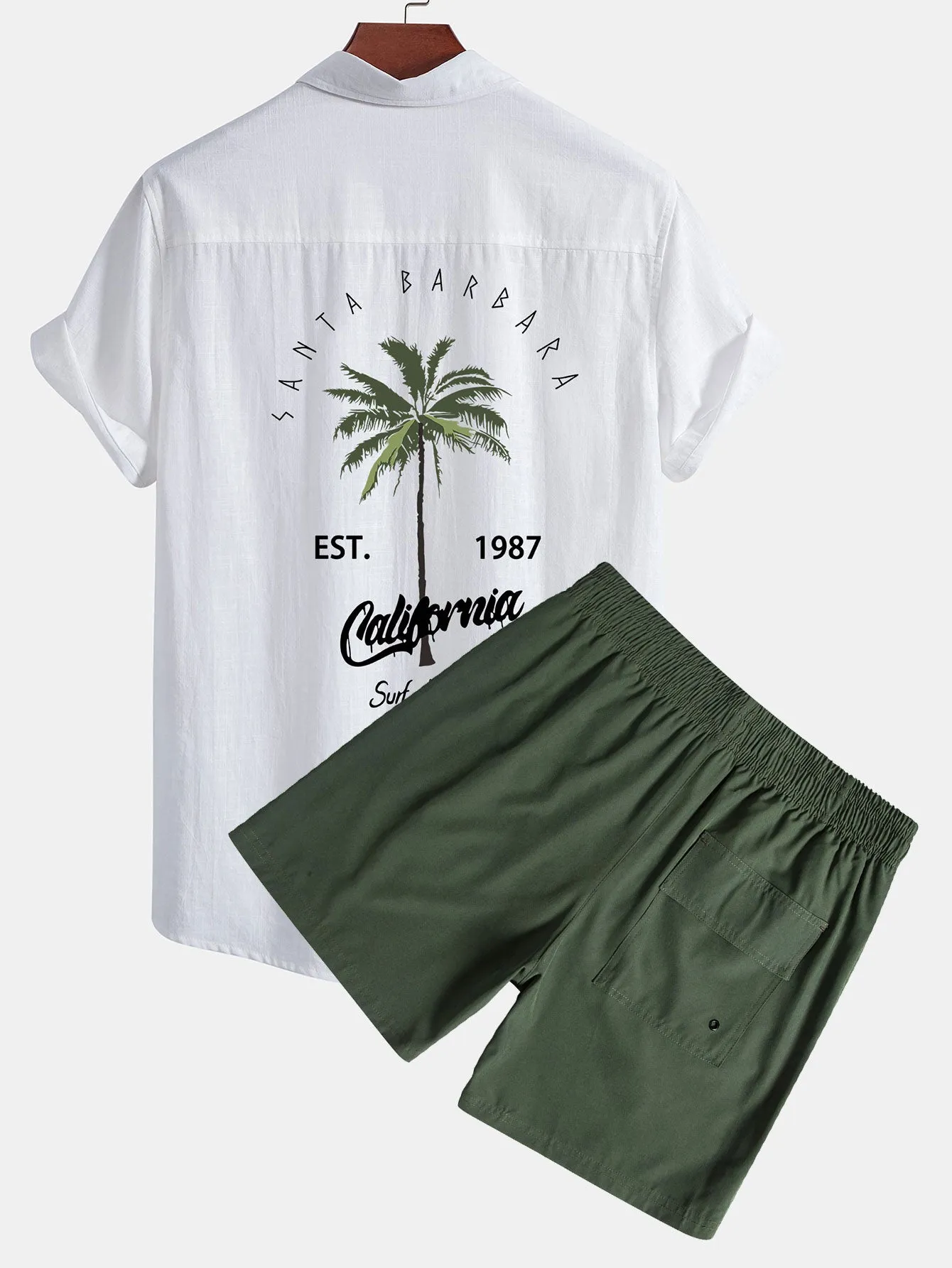 California Palm Tree Print Linen Look Cotton Button Up Shirt & Swim Shorts sold by Hoooyi product image thumbnail 2