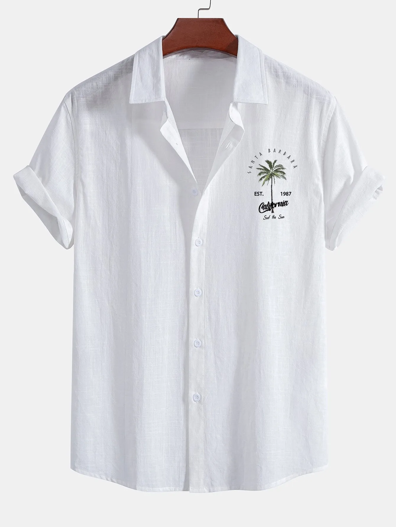 California Palm Tree Print Linen Look Cotton Button Up Shirt & Swim Shorts sold by Hoooyi product image thumbnail 3