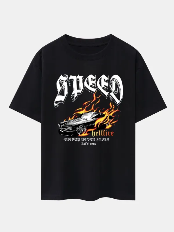 Speed Car Flame Print Drop Shoulder Oversize T-Shirt sold by Hoooyi