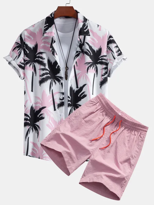 Palm Tree Print Button Up Shirt & Swim Shorts sold by Hoooyi