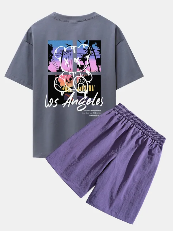 Los Angeles Illustration Bear Print Drop Shoulder Oversize T-Shirt & Patch Pocket Drawstring Shorts sold by Hoooyi
