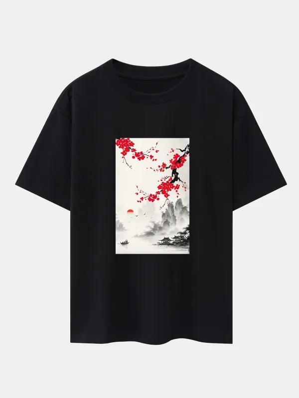 Flower Ink Landscape Print Drop Shoulder Oversize T-Shirt sold by Hoooyi