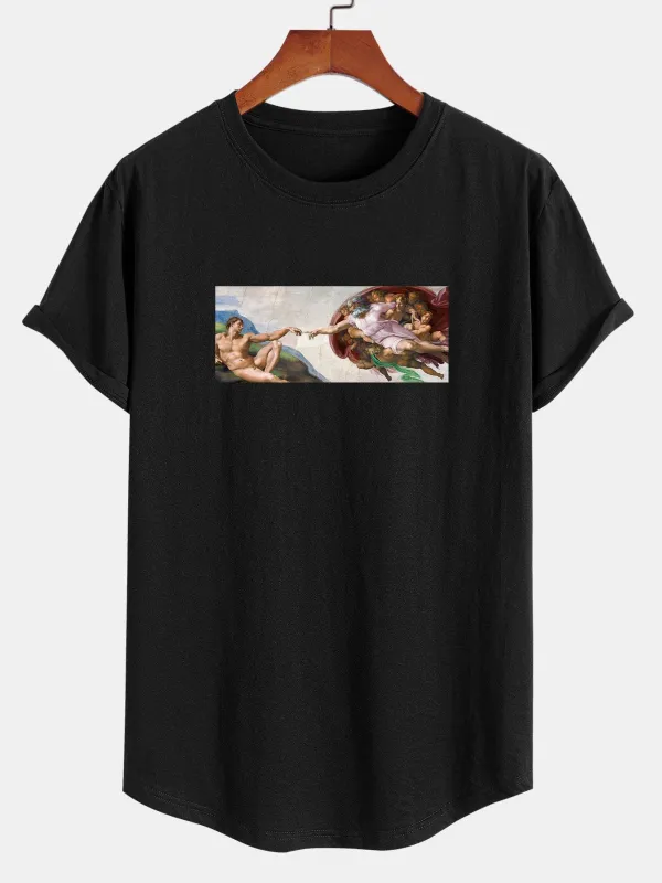 God Created Adam Print Cotton Arc Hem T-Shirt sold by Hoooyi