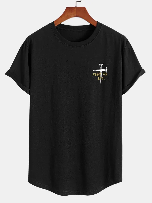 Cross Slogan Print Cotton Arc Hem T-Shirt sold by Hoooyi